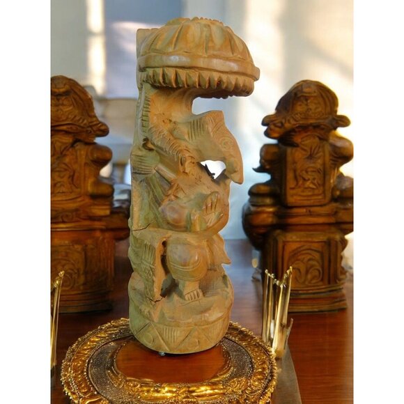 Vintage Hand-Carved Wood Ganesh Idol Elephant God Statue with Umbrella 6.25" - Picture 3 of 10